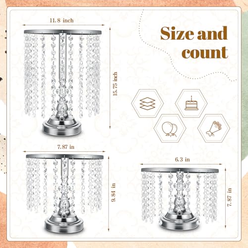 Bokon 6 Pcs Crystal Cake Stand Round Dessert Cupcake Holder Metal Stand Table Cake Pedestal with Crystal Pendant Wedding Bead Dessert Cupcake Pastry Display Plate for Wedding Birthday Party (Silver) - color: Silver