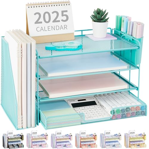 OPNICE Desk Organizer, 4-Tier Desktop File Organizer with Drawer and 2 Pen Holders, Office Desk Accessories, File Sorters, Workspace Organizers for Office Supplies(Teal Blue) - color: Teal Blue, size: 4-Tier