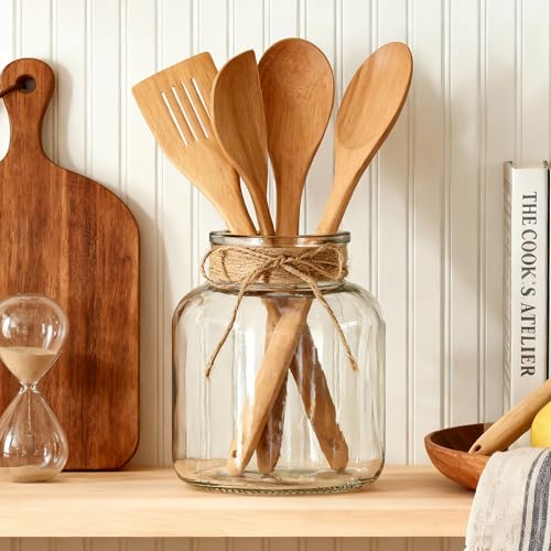 Houmury Glass Vases for Centerpieces 6 Inch Clear Large Vase Farmhouse Utensils Holder with Twine Ties Home Decor for Wedding Living Room Kitchen Dining Table Office (1)