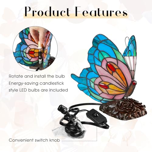 Tiffany Style Blue Pink Butterfly Table Lamp,Stained Glass Lamp,Living Room,Bedside Lamp, Nightstand Decor, Table Light - color: Blue