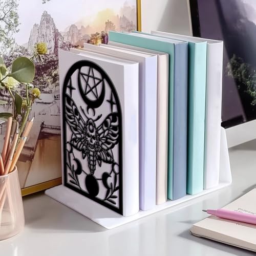 Peacoblue Metal Bookends for Shelves, Modern Decorative Heavy Duty Study Book Ends Stoppers for Office, Desk, Shelf, Room 5.3"x4.3"x7.9" Cast Iron Simple Tall Bookends 1 Pair (Death Moth) - style: Death Moth