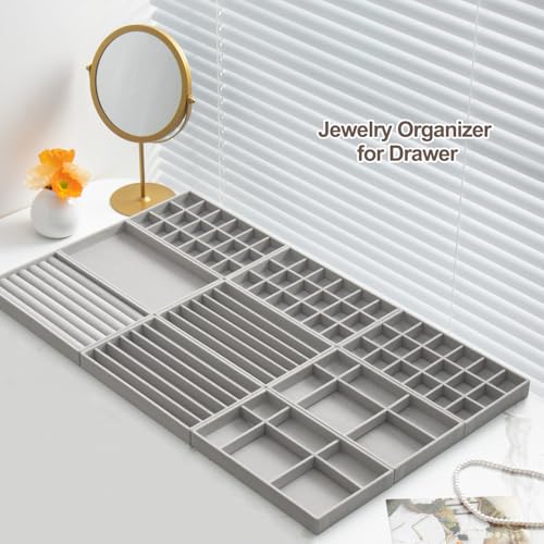 SPAKOWN Jewelry Drawer Organizer Inserts Set of 9, Velvet Jewelry Trays for Drawers, Storage for Earring, Ring, Necklace, Watch, Bracelet (Grey) - color: Grey