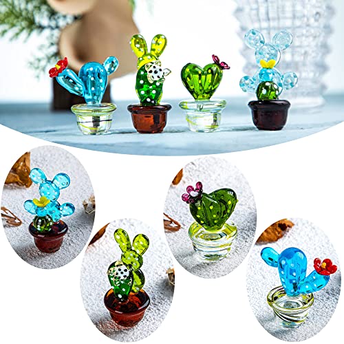 H&D HYALINE & DORA 4pcs Mini Glass Blown Cute Cactus Art Blown Handmade Glass Figurines Collectibles Home Table Decoration Simulation Plants - color: Colorful