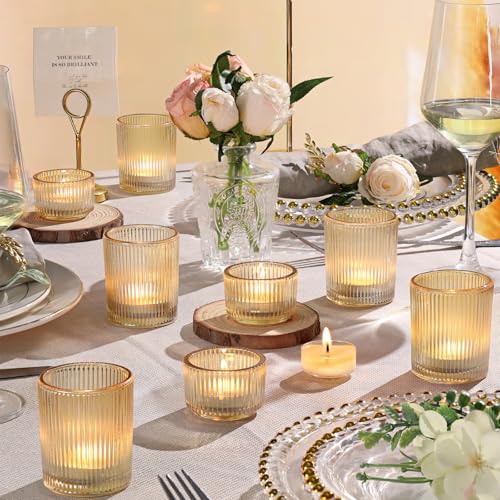 NITIME 20pcs Ribbed Gold Votive Candle Holders, Assorted Tea Light Candle Holder Glass for Wedding Table Decor, Gold Candle Holders for Table Centerpieces, Diwali, Brithday, Party and Holiday Decor - color: Gold