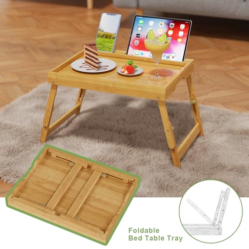 Artmeer Bed Tray Table with Folding Legs, Bamboo Breakfast Food Tray with Media Slot, Use As Platter, Laptop Desk, Snack, TV Tray Kitchen Serving Tray (Bamboo Large Adjustable Legs) - color: Bamboo, size: Large Adjustable