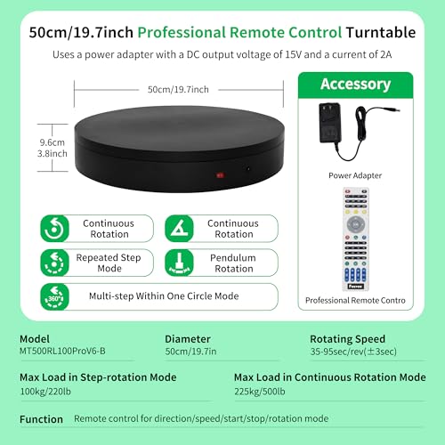 Remote-Controlled Motorized Turntable,Heavy Duty Motorized Rotating Display Stand,Speed-Adjustable Rotating Platform,Multi-Mode Photography Turntable for 3D Scan,Photography(19.7in/Black) - size: 19.7inch/Black/500Lbs Load