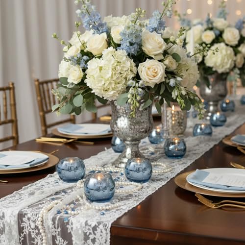 LAMORGIFT 24 Pcs Blue Votive Candle Holders- Blue Centerpieces for Tables, Round Mercury Glass Candle Holder for Wedding Decor, Bridal Shower Decorations - color: Blue