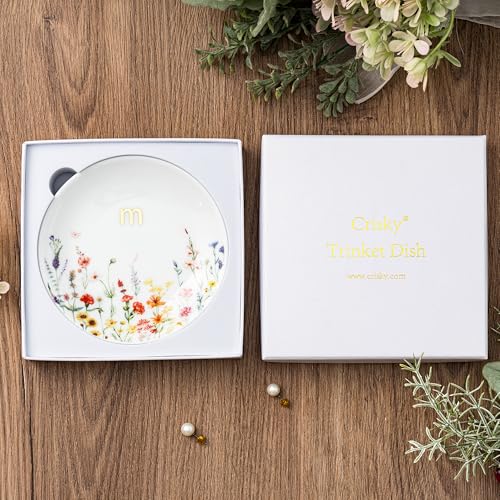 Crisky Initial Jewelry Ring Dish & Gift Box, Ceramic Flower Trinket Dish for Rings Earrings Necklaces, Bridal Shower/Bridesmaid/Engagement/Birthday Gifts for Women, Friends 4.57" (Gold Foil M - style: Initial M