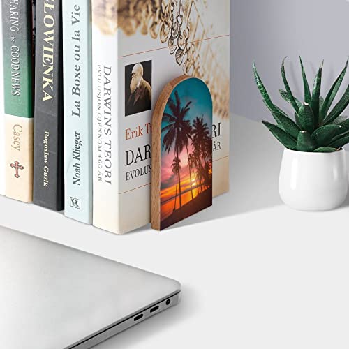 Coconut Palm Trees Beach Sunset Book Ends Decorative Wood Bookends for Shelves Kids Room Desk Home Office Book Stoppers for Magazines,Books, DVDs, 1 Pair/2 Pieces(5x3.1 in) - color: Coconut Palm Trees Beach