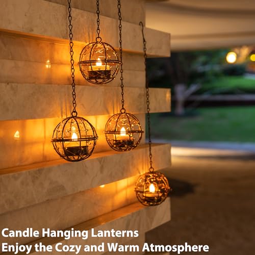 Outdoor Solar Hanging Lanterns Waterproof, Globe Hanging Candle Holder with Flickering Solar Powered Tea Lights, Chargeable Chandelier Light for Backyard Patio Garden Fence Tree Decoration-4Pack