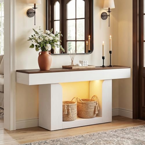 Homieasy Console Table, 63" Entryway Table with LED Lights & Charging Station, Farmhouse Wooden Sofa Table Behind Couch, Narrow Hallway Table for Living Room, Foyer, Entry, Antique White & Brown - color: Antique White & Brown, size: 63"
