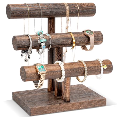 ProCase Bracelet Holder Display Bracelet Organizer, Wooden Bracelet Stand for Selling, T-bar Bangle Storage Rack Wood Watch Display Tower for Business - 3 Tier, Brown - color: Brown, size: 3 Tier