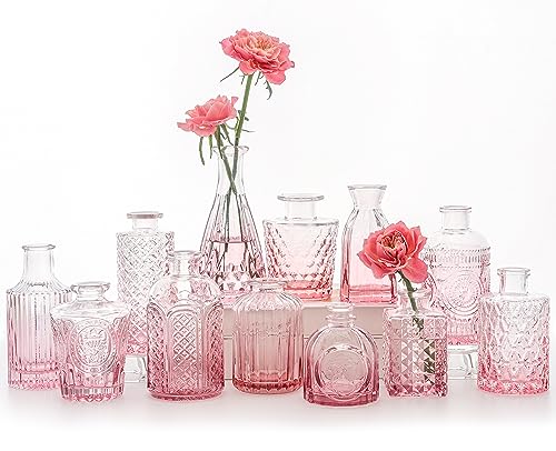 SUPMIND 12Pcs Glass Bud Vase Set, Small Flower Vase for Centerpieces, Pink Bud Vases in Bulk, Mini Vintage Vase for Rustic Wedding Decorations - color: Pink, size: 12Pcs