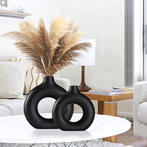 Ceramic Vases Set of 2, Modern Black Round Vase Rustic Home Decor, Donut Ceramic Design Apply to Living Room Kitchen Mantle Bedroom Dining Table Office Black Decor - color: Black, size: Big + Super Big