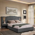 Luxury Queen Size Bed Frame with LED Lights and Nightstands, Modern Velvet Upholstered Platform Bed Frame with Oversized Headboard, Buttons Around, No Box Spring Needed, Grey | Breathable material - color: Grey-velvet, size: Queen