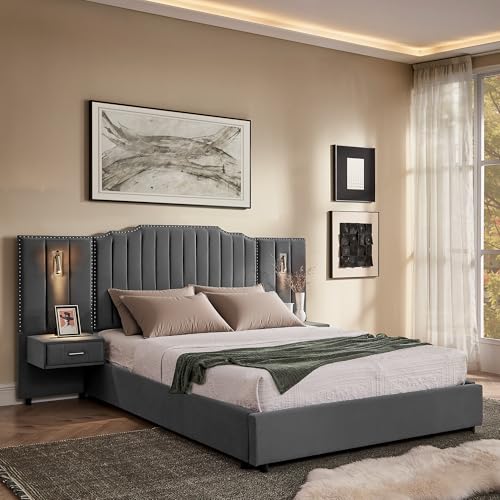 Luxury Queen Size Bed Frame with LED Lights and Nightstands, Modern Velvet Upholstered Platform Bed Frame with Oversized Headboard, Buttons Around, No Box Spring Needed, Grey | Breathable material - color: Grey-velvet, size: Queen