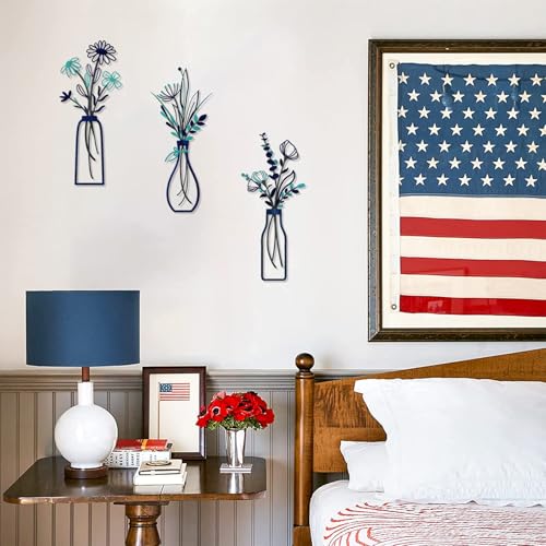 Pigort 3 Pieces Metal Flowers Wall Arts - Rustic Farmhouse Style Décor Metal Wall Art Black Minimalist Flower Natural Themed Wall Decors for Home Bedroom Dining Room Housewarming (Blue) - color: Blue