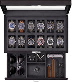ROTHWELL 12-Slot Matte Black Watch Box with Valet Drawer - Premium Jewelry Display Case Organizer with Locking Glass Top and Microsuede Liner for Men & Women (Carbon Interior) - color: Matte Black / Grey Carbon