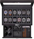 ROTHWELL 12-Slot Matte Black Watch Box with Valet Drawer - Premium Jewelry Display Case Organizer with Locking Glass Top and Microsuede Liner for Men & Women (Carbon Interior) - color: Matte Black / Grey Carbon