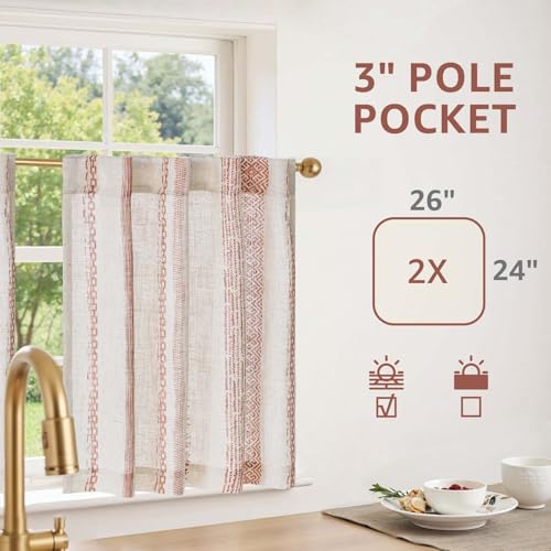 jinchan Liora Boho Kitchen Curtains 24 Inches Linen Tier Curtains with Geometric Pattern Bohemian Cafe Small Light Filtering Window Treatment for Living Room RV Back Tab 2 Panels Terracotta on Linen - color: Liora | Terracotta on Linen, size: 26"W x 24"L