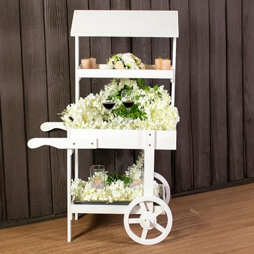 Sunnydaze Flower Cart Display Stand with Wheels - Dessert Candy Cart - Market Flower Display Stand - 2 Shelves - Fir Wood - White - color: White
