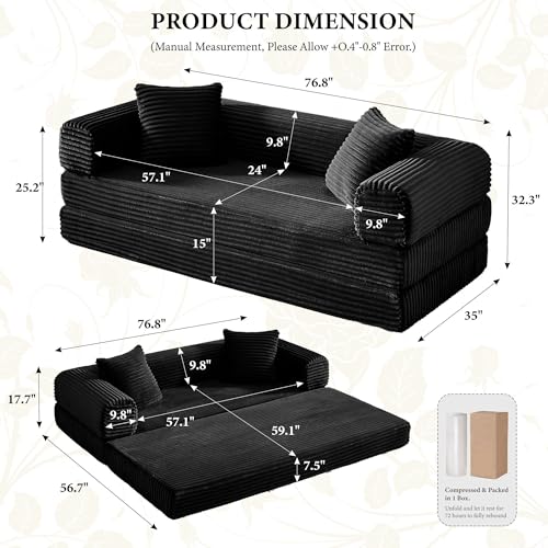 Boneless Couch Versatile Couches for Living Room No-Install Sofa Bed Corduroy Futon Soft Cloud Couch with Pillows for Bedroom Game Movie (Black, 76") - color: Black