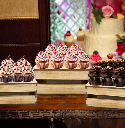 Gift Boutique 4 Pcs Wooden Buffet Risers, Rustic Wood Cake & Dessert Display Stands, Square Food Risers for Buffet Table, Appetizers & Cupcakes, Wedding, Party & Event Décor (4 Sizes)