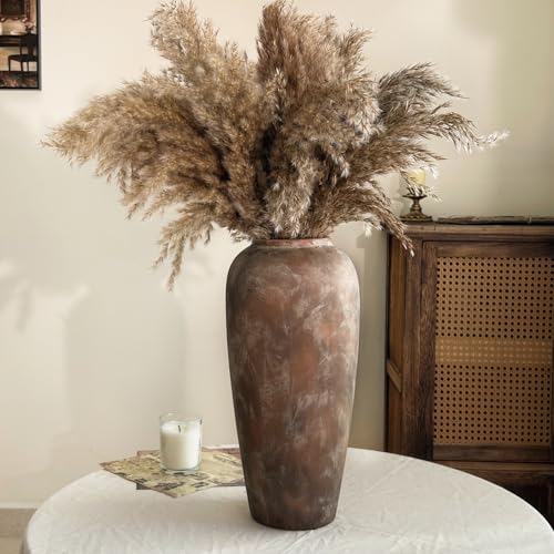 15 Inch Vintage Farmhouse Decor Ceramic Rustic Vase, Handmade Brown Flower Vases for Centerpieces, Living Room & Kitchen Shelf Decorative Pottery Vase for Home Decor - color: Brown, size: Large