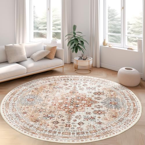 zesthome Washable Round Area Rugs - Non-Slip 6ft Round Rugs, Ultra-Thin Large Circle Rugs for Living Room, Soft Low Pile Rug for Bedroom, Kitchen, Nursery - Vintage Stain Resistant Round Rug - color: Orange, size: 6' (Round)
