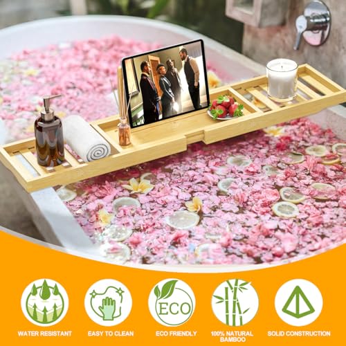 Bathtub Tray - Bath Tray Expandable - Bath Table Trays for Bathtub/Tub,Premium Bamboo Wooden, Fits Most Bath Tubs - color: Bright Yellow