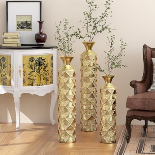 Floor Vases, Tall Home Decor Metal Vase Set of 3 Large Glazed Decorative Vases for Wedding Decor, Elegant Modern Flower Holder for Living Room, Entryway, Hallway, Dining Room - color: Geo Gold