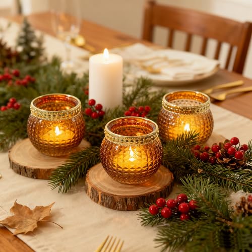Candle Holder Set of 12, Small Tealight Candle Holder, Vintage Glass Votive Candle Holders for Table Centerpiece Wedding Home Decor Holiday Decor (Amber) - color: Amber