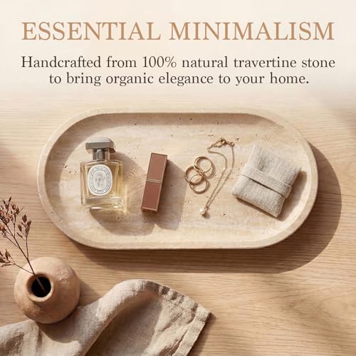 Natural Italian Travertine Tray Oval Decorative Marble Vanity Tray for Bathroom Countertop Hand-Polished Organizer for Kitchen Soap Jewelry Coffee Table Beige (11.8X5.9 Inch)