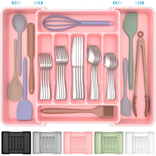 ukeetap Extra Large Expandable Silverware Organizer, BPA-Free Food-Safe Cutlery Flatware Organizer, Kitchen Utensil Drawer Organizer, Adjustable Silverware Holder for Spoons Forks Knives, Pink - color: Pink