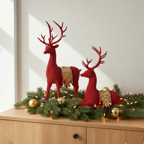Set of 2 Modern Deer Statues for Home Decor, Handcrafted Resin Elk Sculptures with Intricate Beaded Texture, Elegant Animal Figurines for Living Room, Bookshelf, Office & Housewarming Gift - color: Red