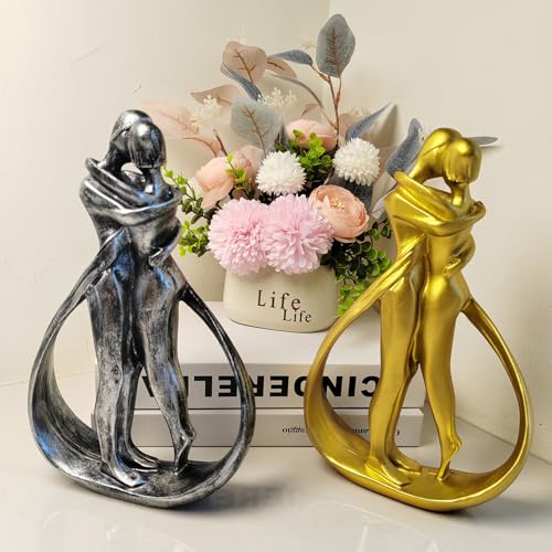 Couple Sculptures for Home Decor, Anniversary Statue Gifts, Hugging Couple Figurines, Modern Romantic Sculptures for Living Room, Bedroom, Office Decor (Silver) - color: 1-silver