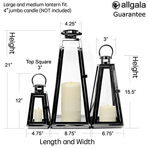 Allgala 3-PC Lantern Set 24 Inch Jumbo Deluxe Modern Indoor/Outdoor Candle Lantern Set Black Stainless Steel Tapered Trapezoid Frame with Tempered Glass for Garden Patio Fireplace Wedding - color: Taper Black
