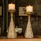 Farmhouse Gold Candle Holders for Pillar Candles, Metal Distressed Set of 2 Retro Flower Design Pillar Candle Stand Dual Use, Can be Vase Table Centerpiece Decor for Fireplace, Living, and Dining Room