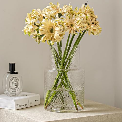 Ribbed Vase Glass Fluted Flower - Esmiome Clear Vases Modern Flower Vase Decorative with Big Capacity Pot Large Wide for Flowers Home Office Wedding, Office, Living Room, Table,Shelf, 6.3''(W)*10''(H)