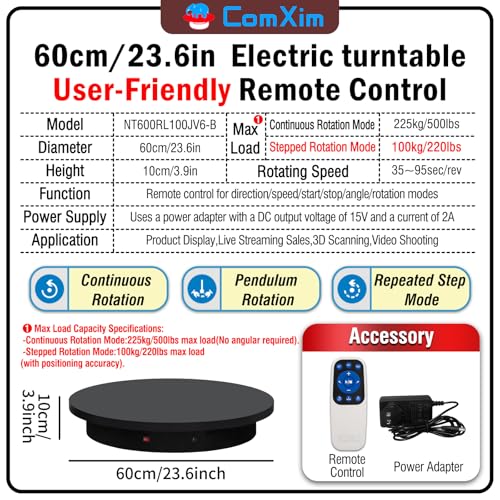 23.6In Remote Large Motorized electric turntable Rotating platform Photography Turntable Motorized lazy susan Base giratoria para for Photography,3D Scanner,Heavy duty display(Load Range:220~500lbs) - size: 23.6inch/Black/500Lbs Load