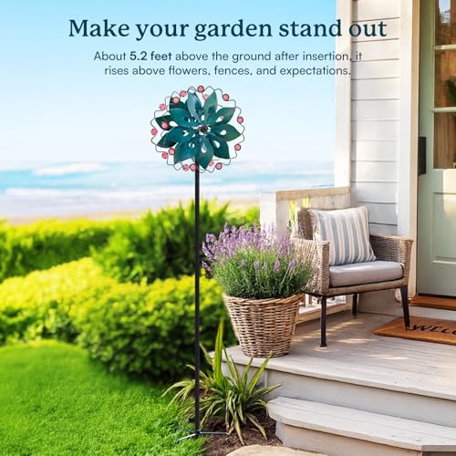 Wind Spinners Outdoor - Metal Garden Wind Spinner with Stake, Windmill for Yard, Gift for Family, 13'' W x 70.5'' H - color: Peacock Blue