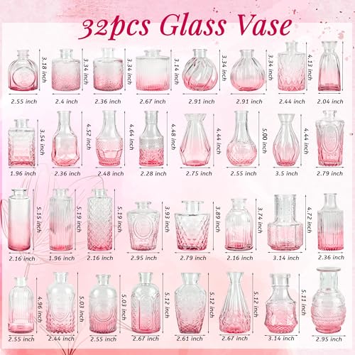 Der Rose Glass Bud Vases Set of 32 Small Pink Flower Vases for Rustic Wedding Centerpieces Table Decorations and Home Office Decor(Pink) - color: Pink