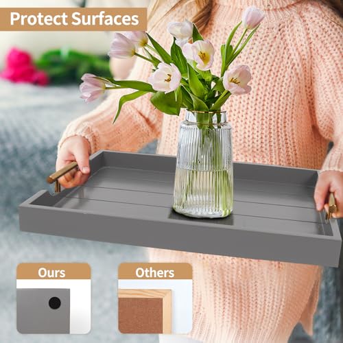 SXNOWS Wooden Serving Tray with 2 Sets of Handles,Large Ottoman Tray for Living Room, Rectangular Wood Tray for Coffee Table, Modern Farmhouse Kitchen Decor, 4 Round Coasters Included,Gray - color: Gray