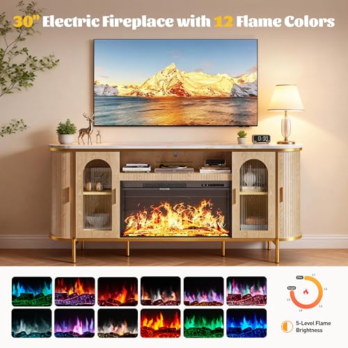 MXV 70" Fluted TV Stand for TVs up to 80", Mid Century Modern Entertainment Center with Sliding Doors & Glass Door, TV Console Table with Faux Marble Top for Living Room, Oak (70IN with Fireplace) - size: 70IN with Fireplace