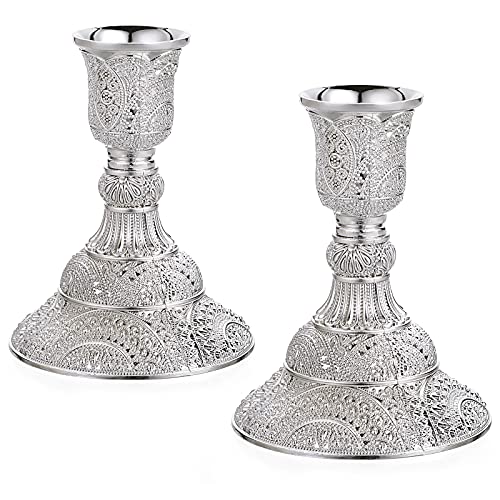 OwnMy 2PCS Brass Taper Candle Holders Candle Stick Holders Set Vintage Metal Pillar Candlestick Holders, 4”H Elegant Candle Stand Candelabra for Dining Table Centerpieces Wedding Home Decor, Silver - color: Silver