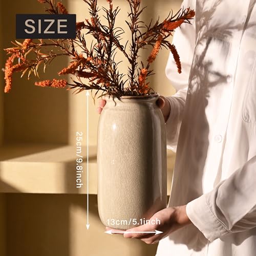 VICTOR & TERESA Rustic Large Green Vase for Home Decor, 10'' Tall Ceramic Vases for Flowers, Farmhouse Decorative Vases for Pampas Grass, Table, Mantel, Living Room, Centerpieces - color: Green, size: Large-10''