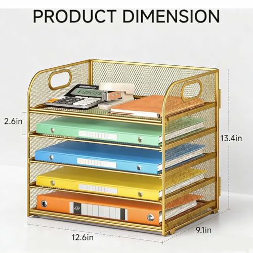 Lavatino Desk Paper Organizer Trays, Gold 5-Tier Mesh File Folder Sorter with Handles, Letter Holder Organizer for Office, Home, School Supplies Storage & Organization - color: 5 Tier - Gold, size: 12.6" x 9.1" x 11.5"