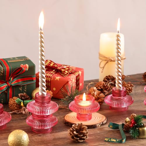 Pink Candlestick Holders Set of 10, Pink Glass Candle Holders for Pillar Candles, Taper Candle and Tealight Candles, Taper Candle Holders for Wedding, Table Centerpiece - color: Pink