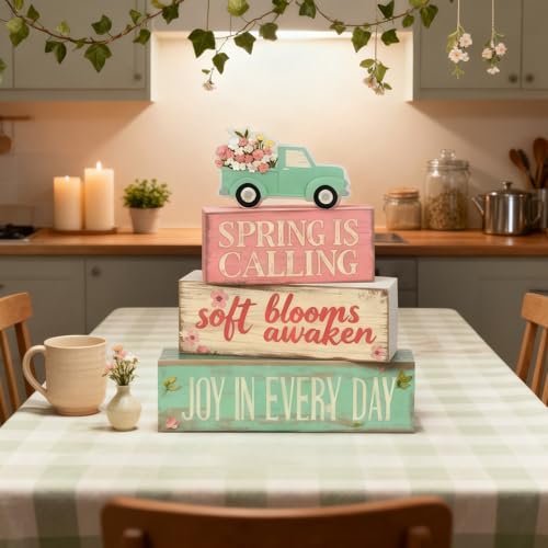 Spring Decoration Wooden Tiered Tray Decor – Floral Spring Pickup Truck Stacked Block Sign with Blooming Flower Topper – Farmhouse Tabletop Spring Decor for Shelf Mantel Seasonal Home Display - style: Spring Truck