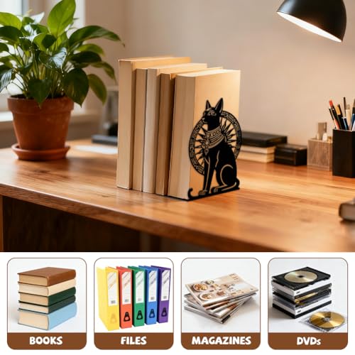 Peacoblue Metal Bookends for Shelves, Modern Decorative Heavy Duty Study Book Ends Stoppers for Office, Desk, Shelf, Room 5.3"x4.3"x7.9" Cast Iron Simple Tall Bookends 1 Pair (Egyptian Cat) - style: Egyptian Cat